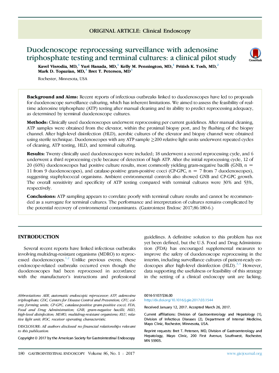 Duodenoscope reprocessing surveillance with adenosine triphosphate testing and terminal cultures: a clinical pilot study