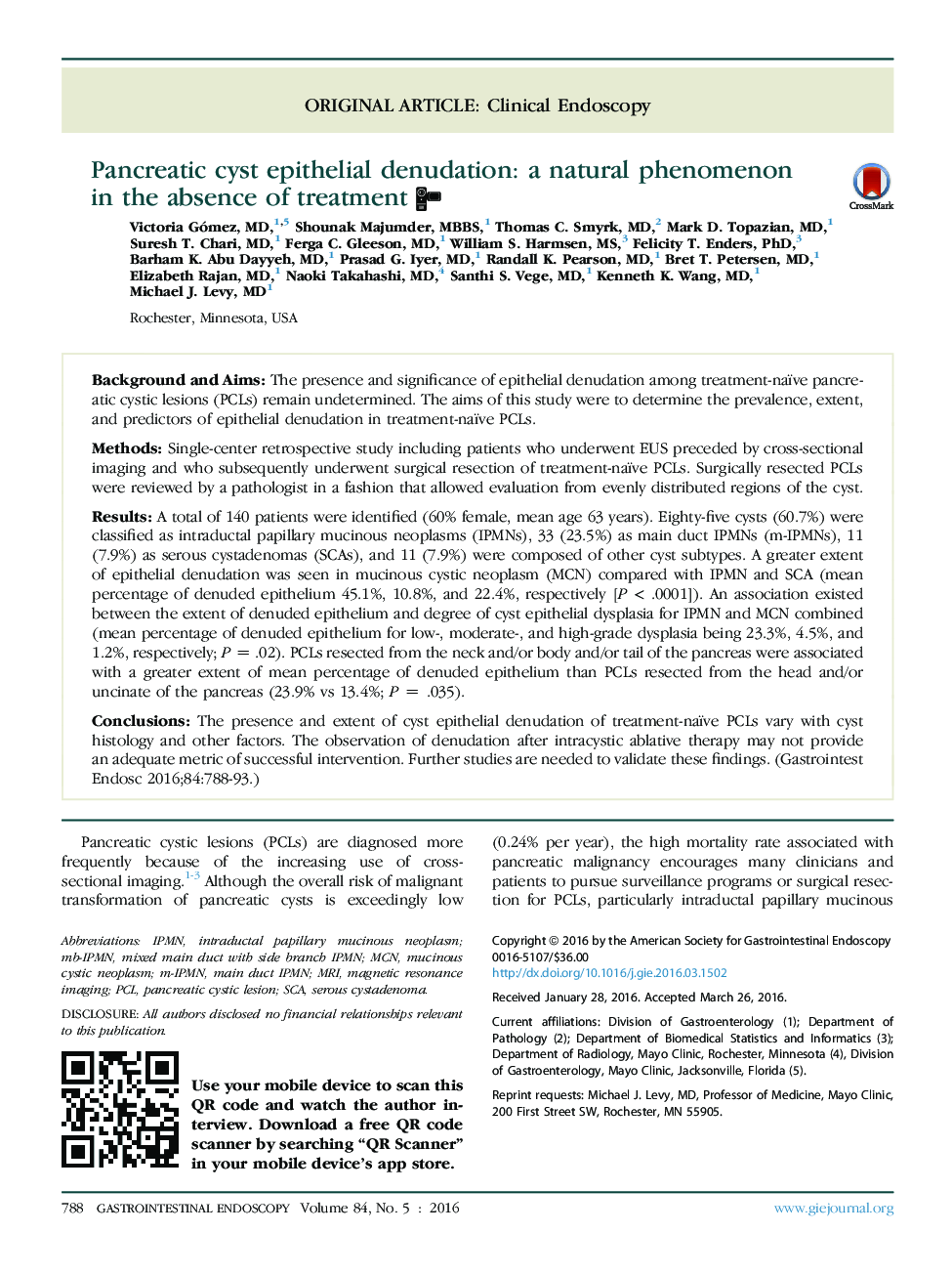 Pancreatic cyst epithelial denudation: a natural phenomenon inÂ the absence of treatment