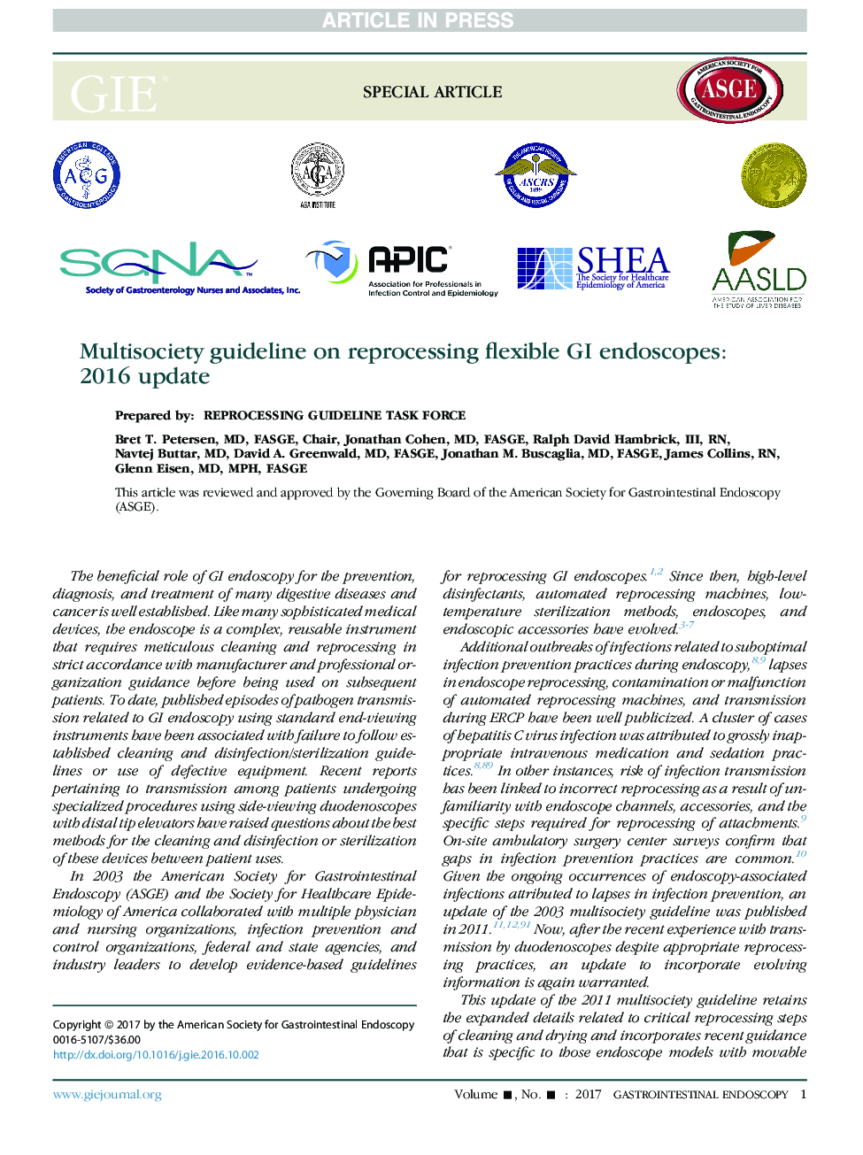 Multisociety guideline on reprocessing flexible GI endoscopes: 2016 update