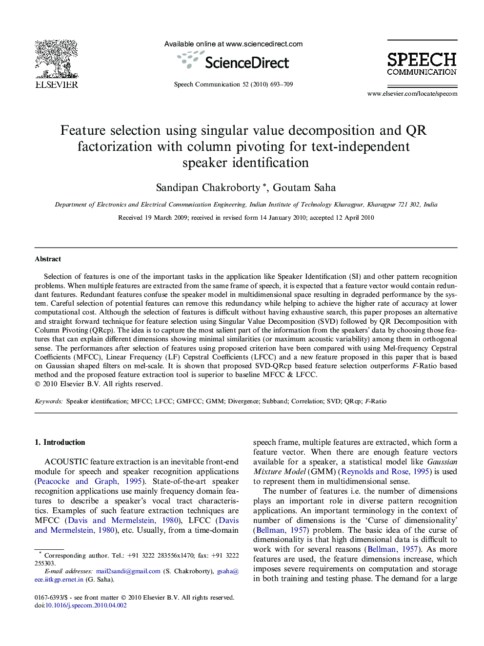 Feature selection using singular value decomposition and QR factorization with column pivoting for text-independent speaker identification