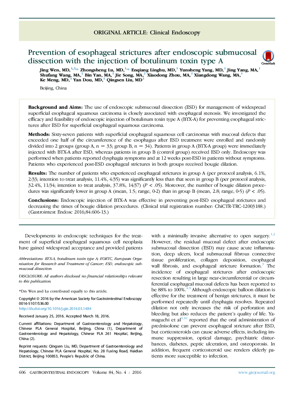 Prevention of esophageal strictures after endoscopic submucosal dissection with the injection of botulinum toxin type A