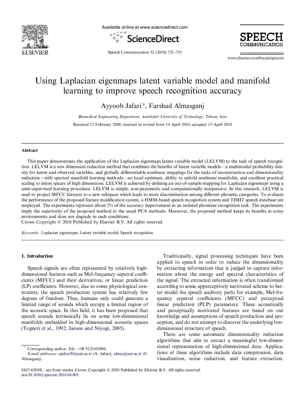 Using Laplacian eigenmaps latent variable model and manifold learning to improve speech recognition accuracy