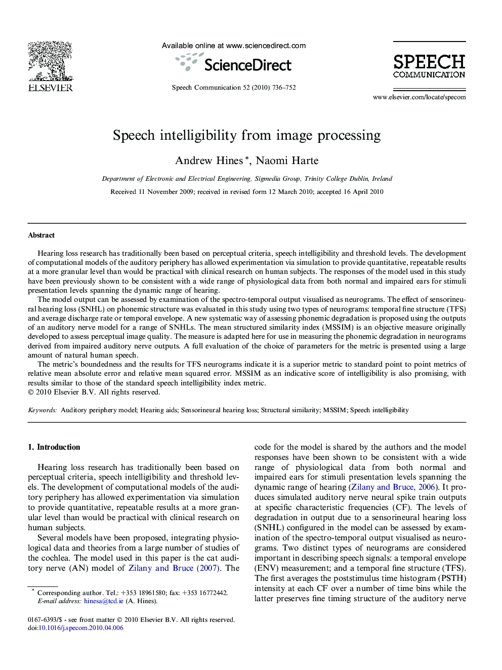 Speech intelligibility from image processing