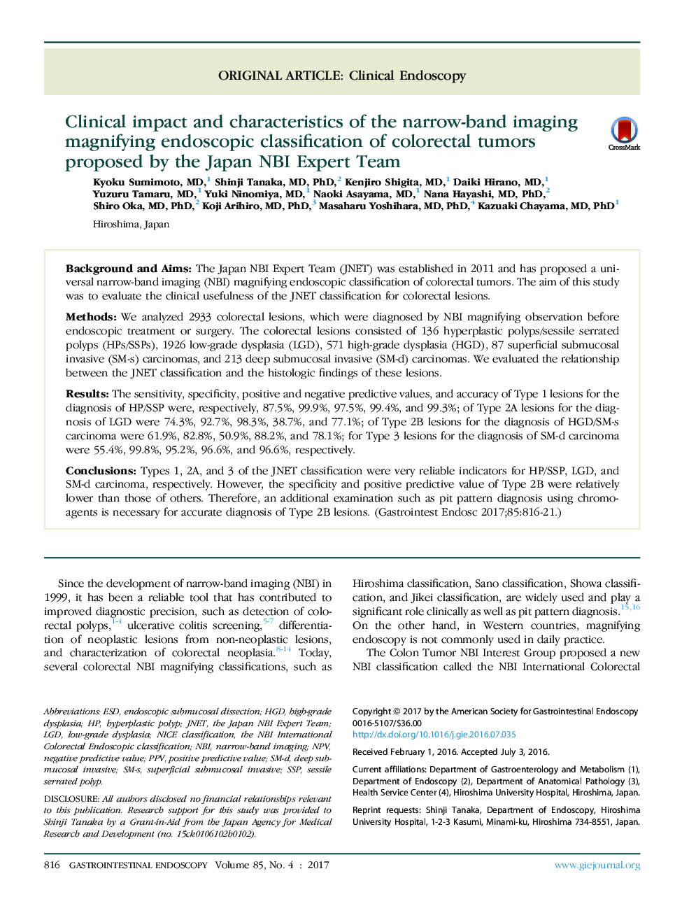 Clinical impact and characteristics of the narrow-band imaging magnifying endoscopic classification of colorectal tumors proposed by the Japan NBI Expert Team