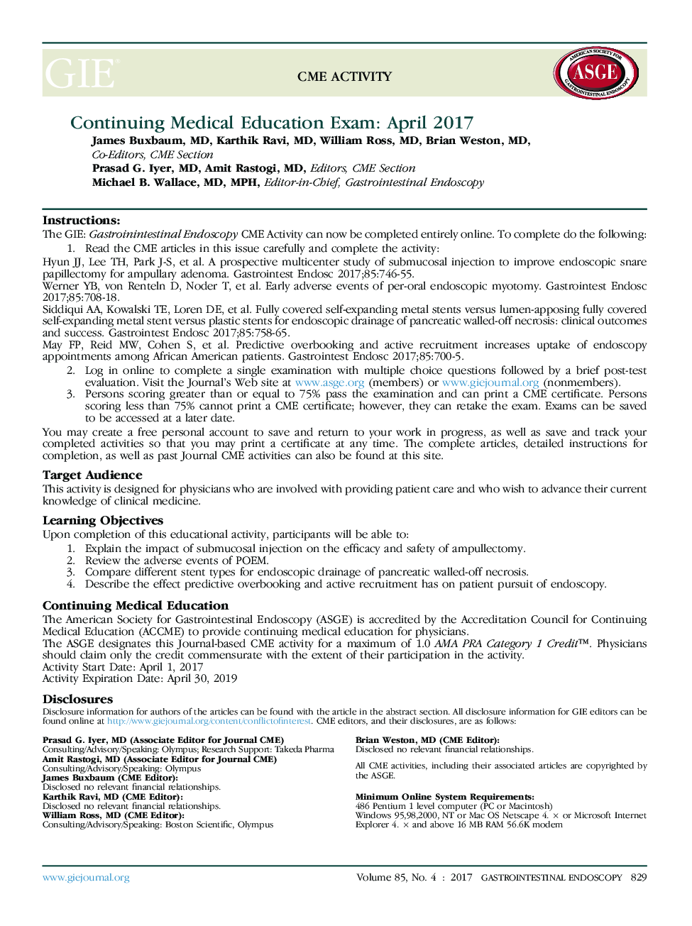 Continuing Medical Education Exam: April 2017