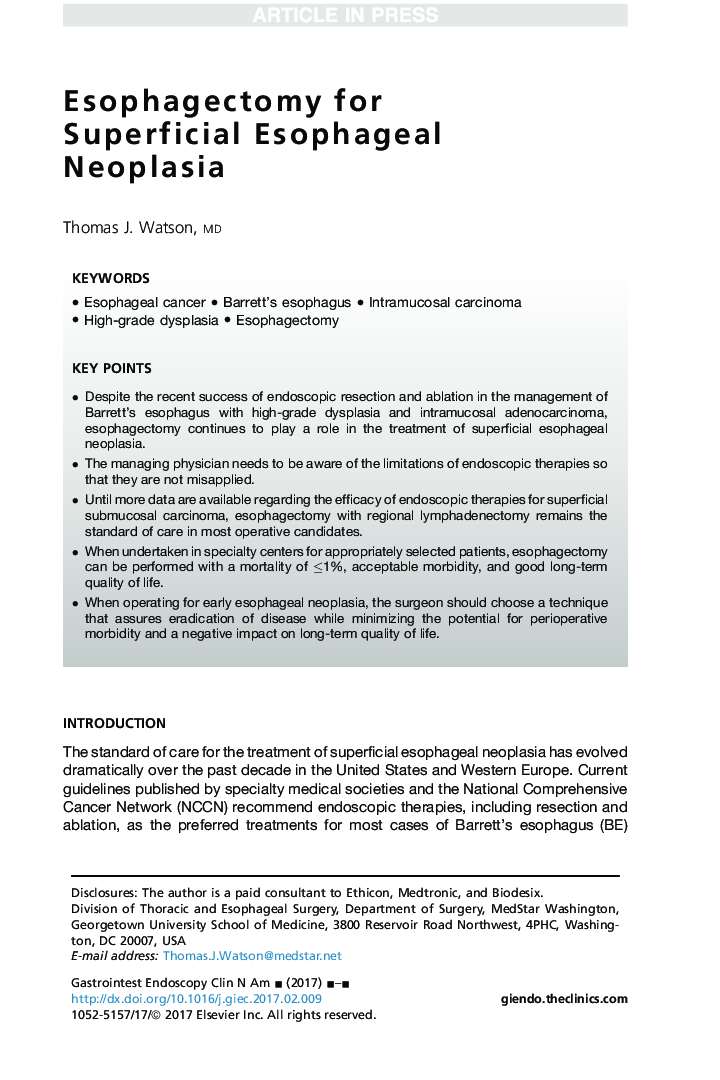 Esophagectomy for Superficial Esophageal Neoplasia