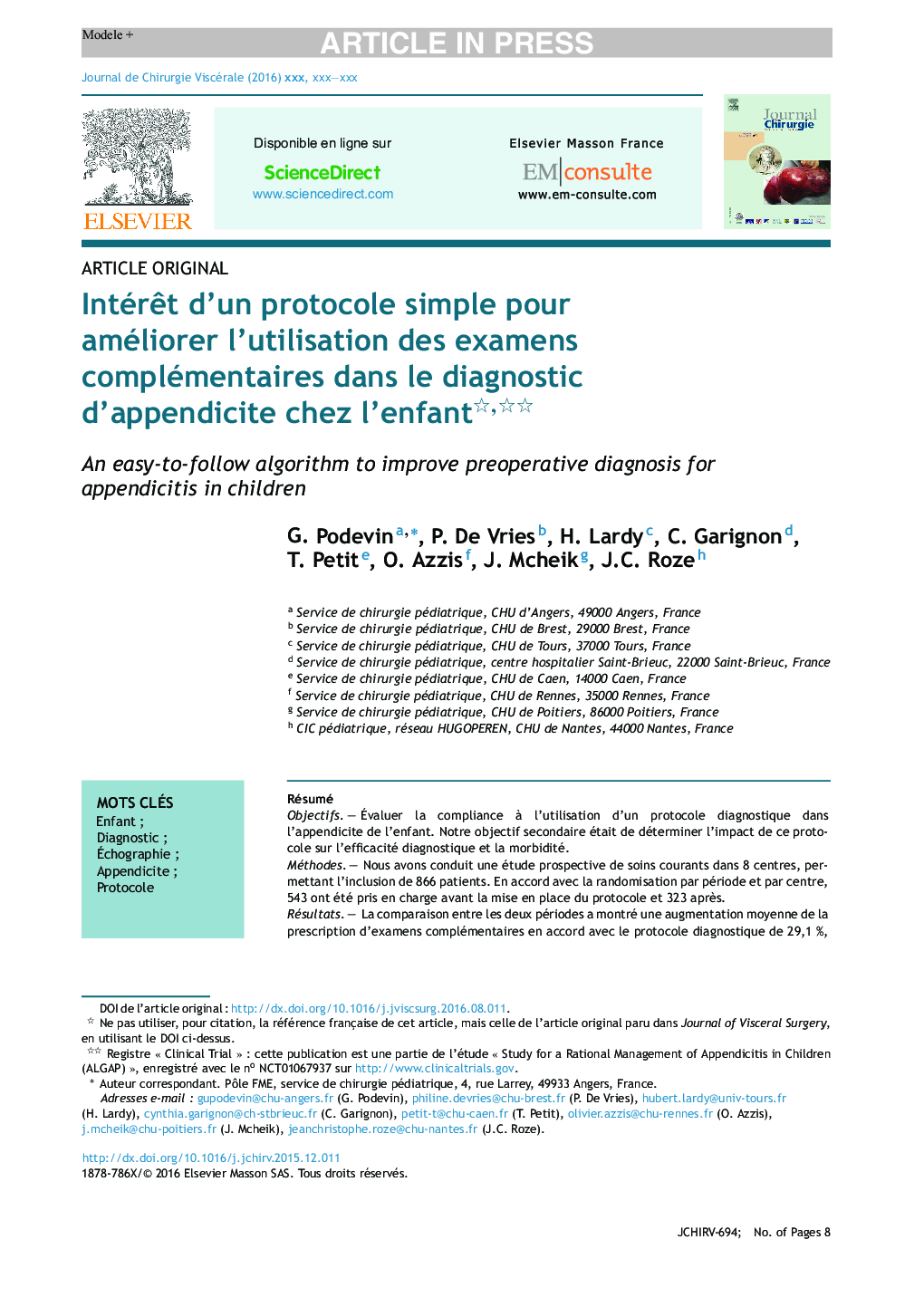 IntérÃªt d'un protocole simple pour améliorer l'utilisation des examens complémentaires dans le diagnostic d'appendicite chez l'enfant