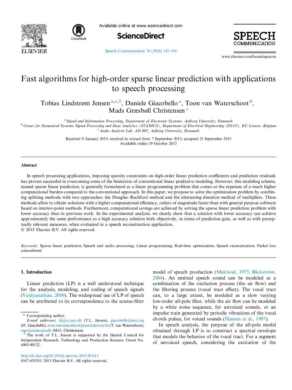 Fast algorithms for high-order sparse linear prediction with applications to speech processing