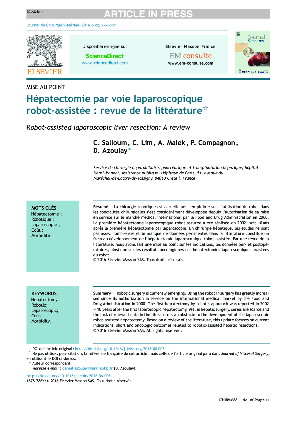 Hépatectomie par voie laparoscopique robot-assistéeÂ : revue de la littérature