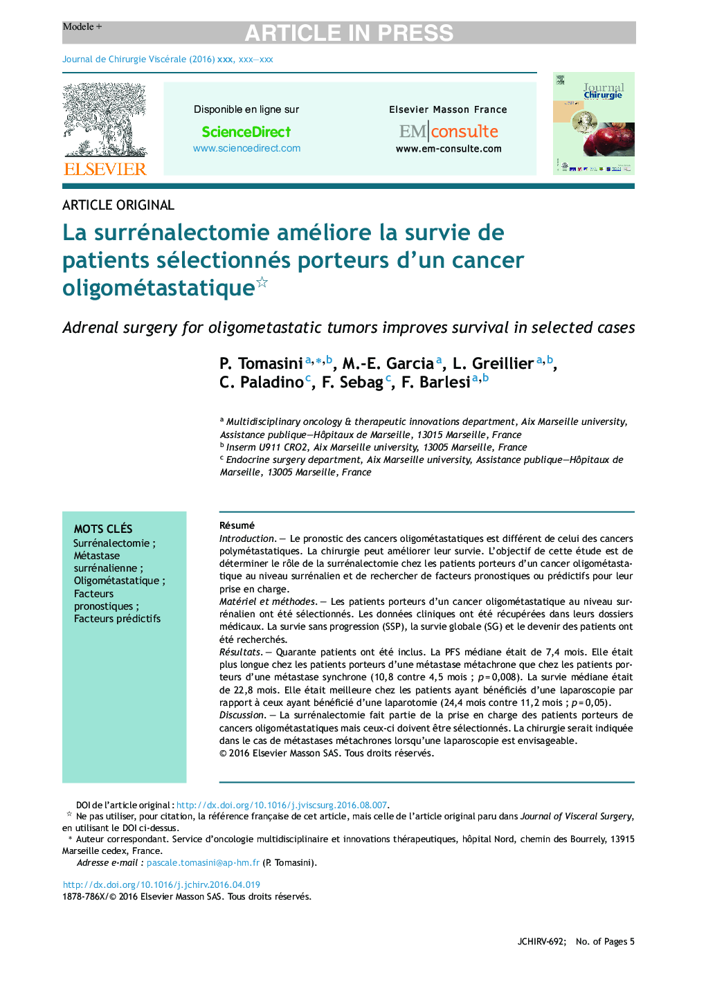 La surrénalectomie améliore la survie de patients sélectionnés porteurs d'un cancer oligométastatique