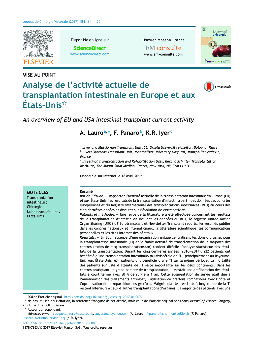 Analyse de l'activité actuelle de transplantation intestinale en Europe et aux Ãtats-Unis