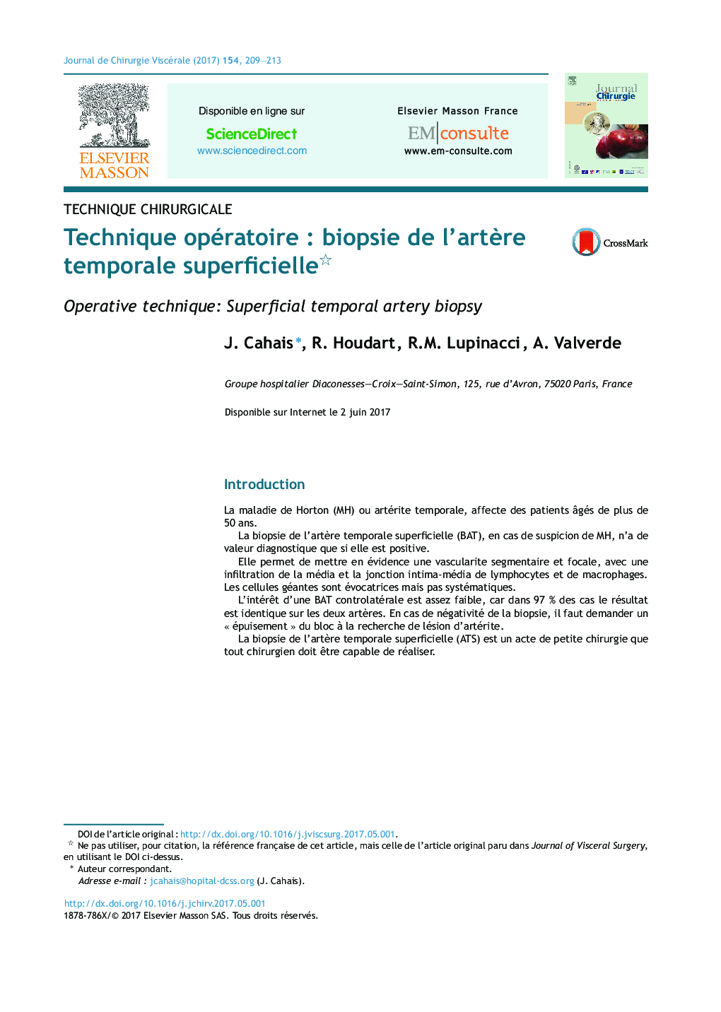 Technique opératoireÂ : biopsie de l'artÃ¨re temporale superficielle