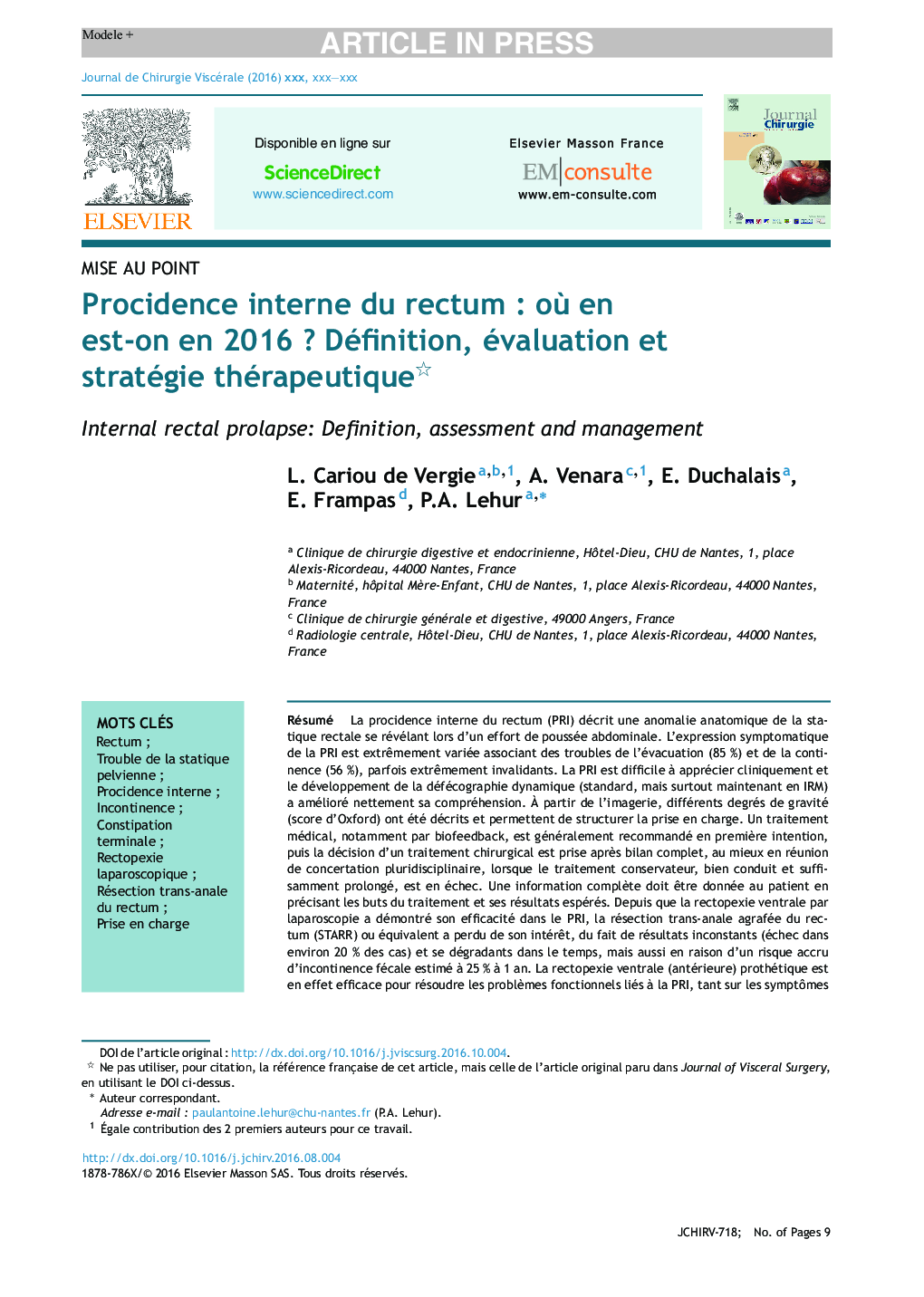 Procidence interne du rectumÂ : oÃ¹ en est-on en 2016Â ? Définition, évaluation et stratégie thérapeutique