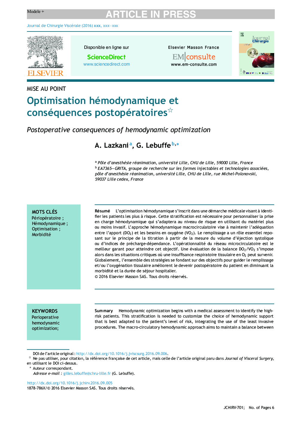 Optimisation hémodynamique et conséquences postopératoires