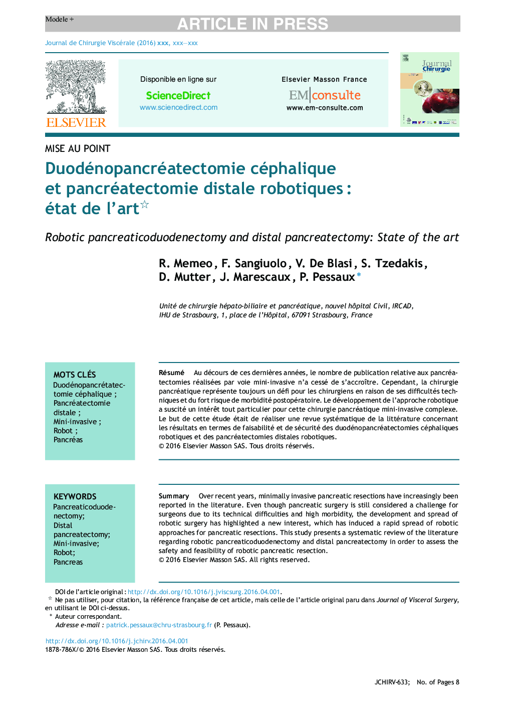 Duodénopancréatectomie céphalique et pancréatectomie distale robotiquesÂ : état de l'art