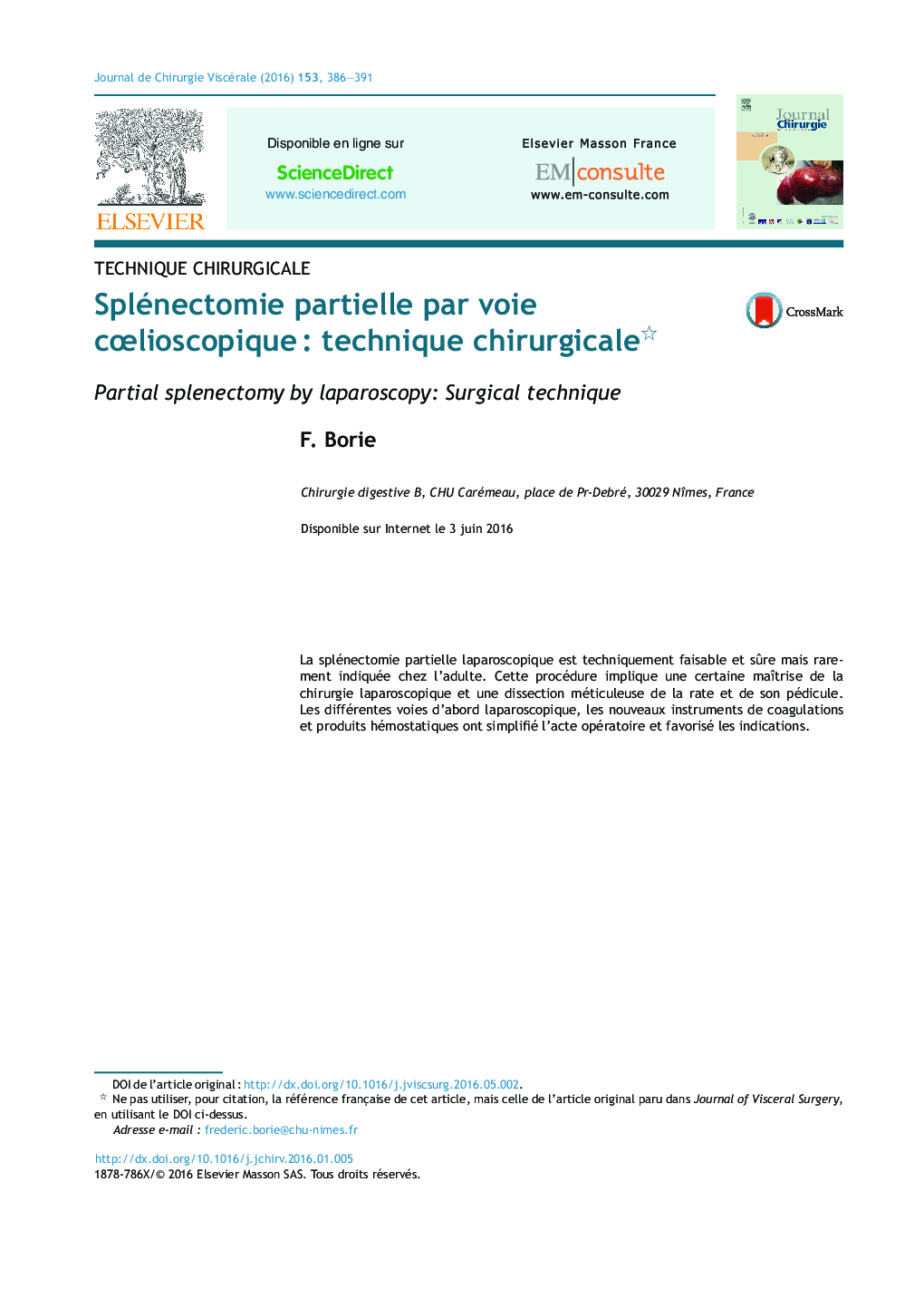Splénectomie partielle par voie cÅlioscopiqueÂ : technique chirurgicale