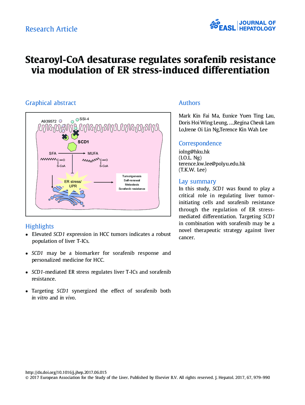 Stearoyl-CoA desaturase regulates sorafenib resistance via modulation of ER stress-induced differentiation