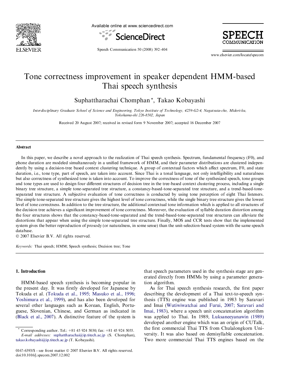 Tone correctness improvement in speaker dependent HMM-based Thai speech synthesis