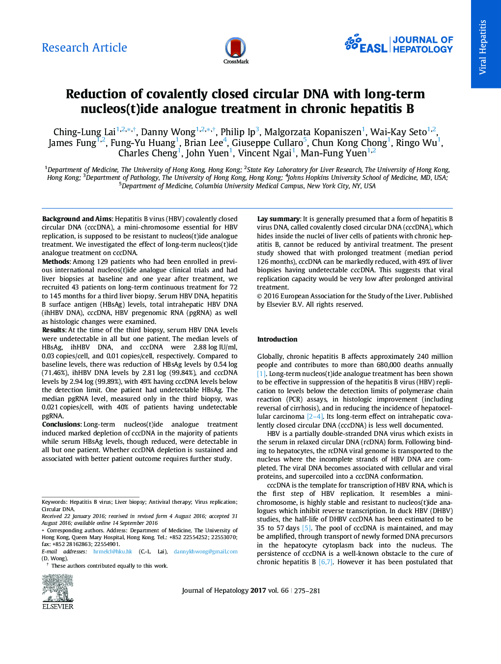 Reduction of covalently closed circular DNA with long-term nucleos(t)ide analogue treatment in chronic hepatitis B