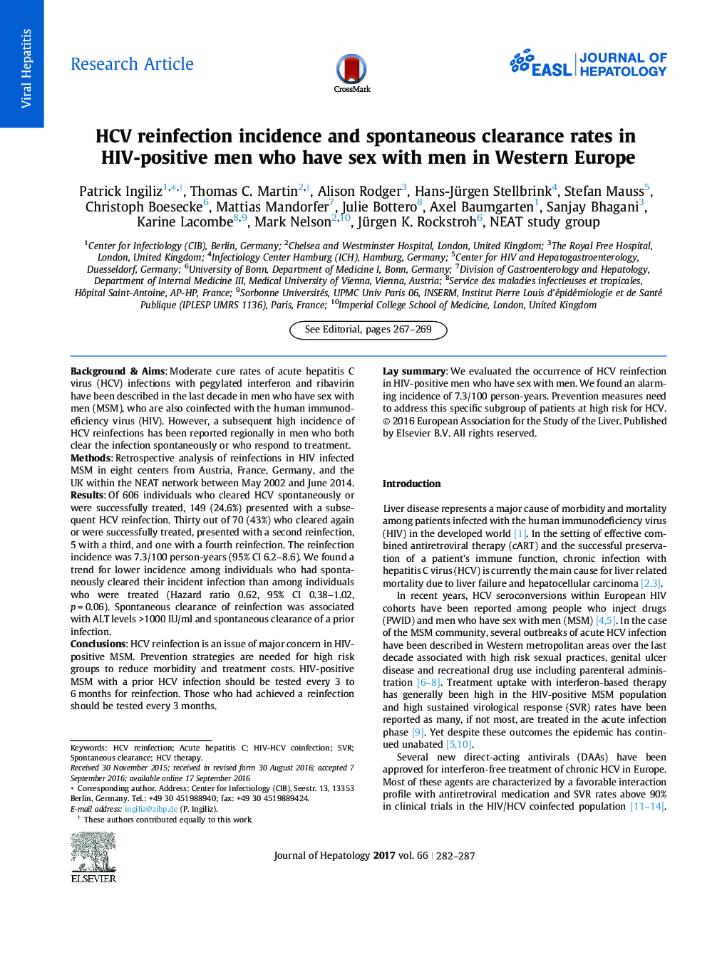 HCV reinfection incidence and spontaneous clearance rates in HIV-positive men who have sex with men in Western Europe