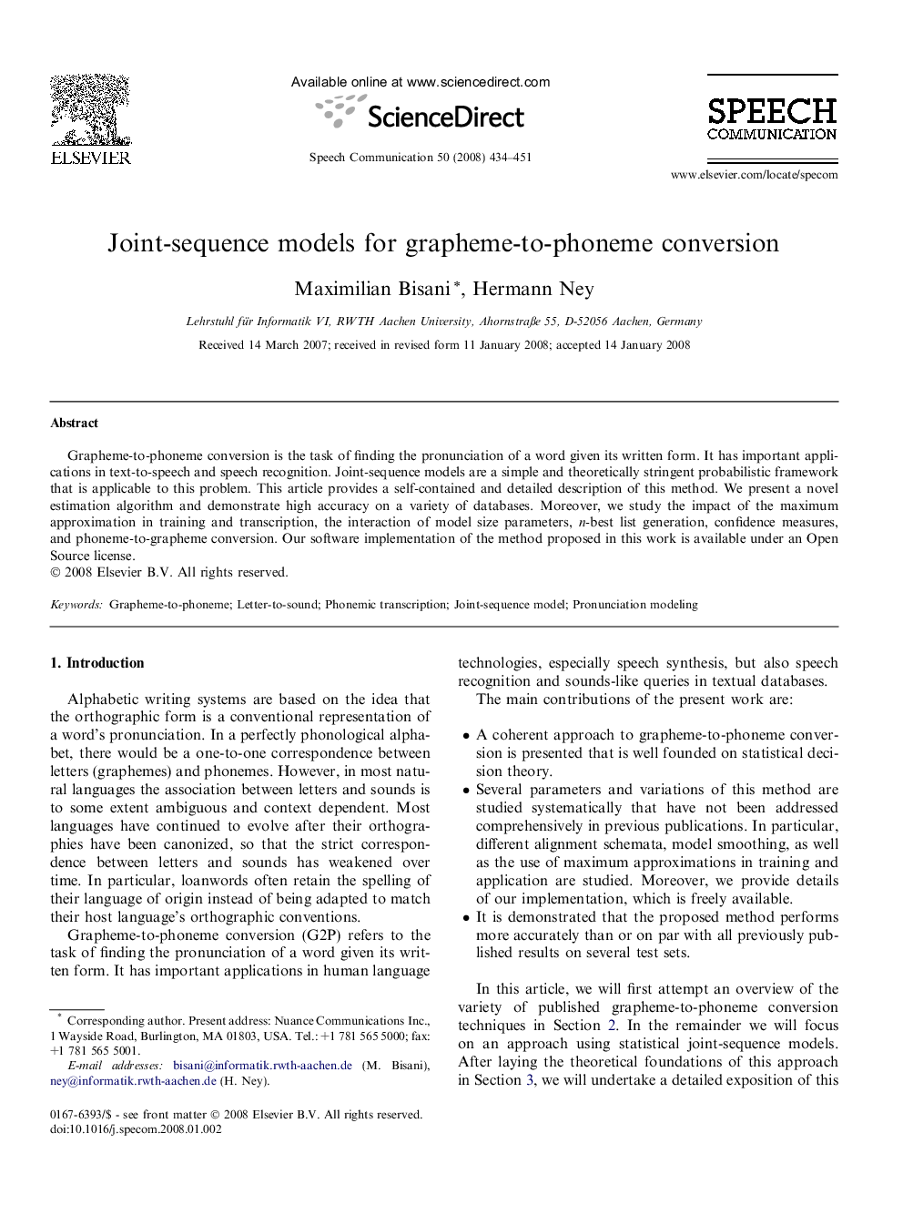 Joint-sequence models for grapheme-to-phoneme conversion