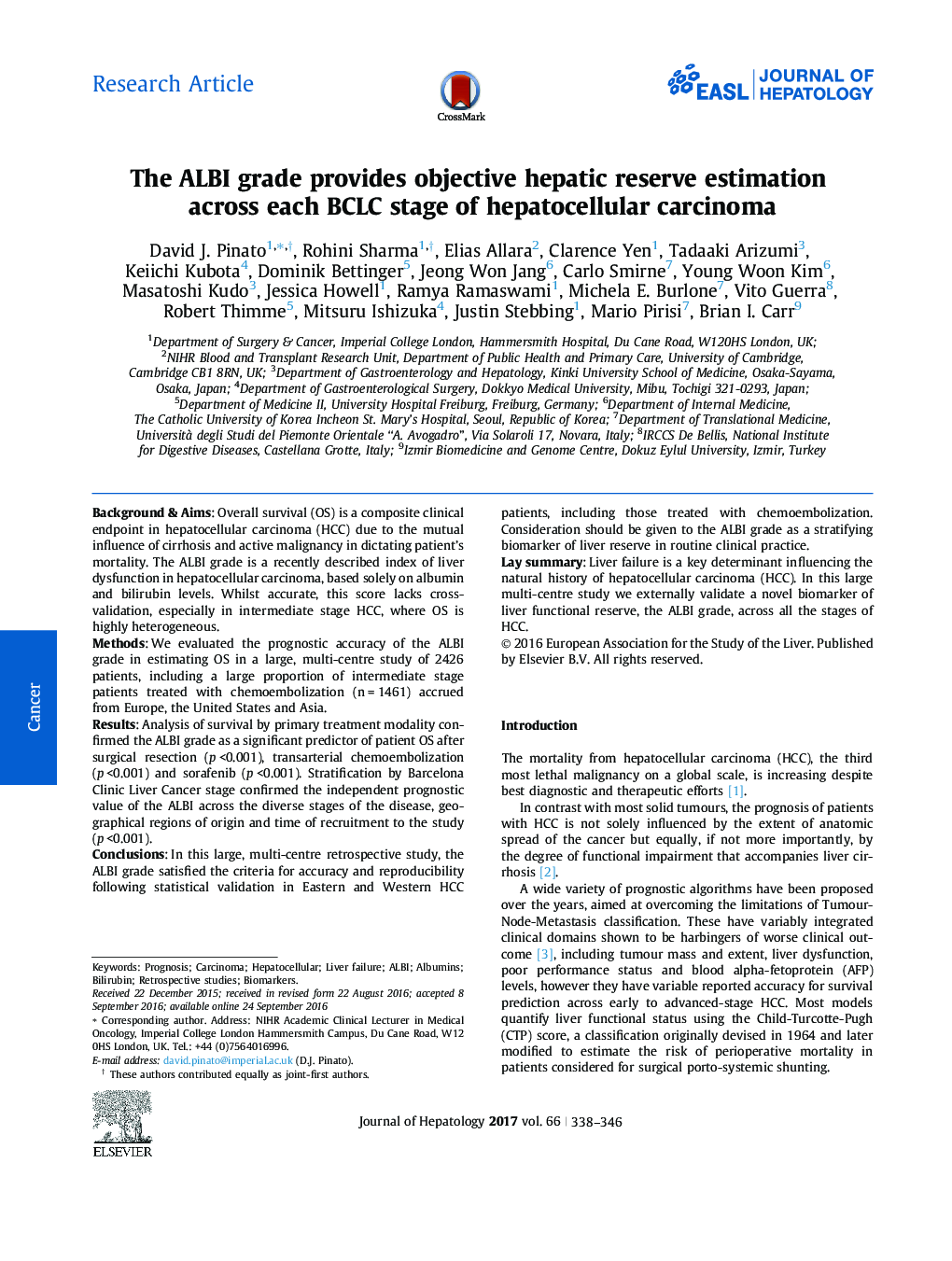 The ALBI grade provides objective hepatic reserve estimation across each BCLC stage of hepatocellular carcinoma