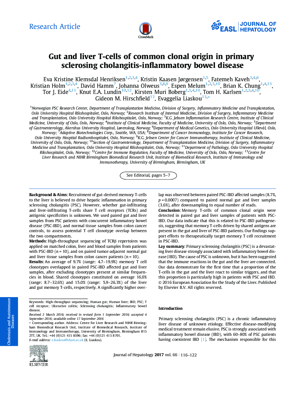 Gut and liver T-cells of common clonal origin in primary sclerosing cholangitis-inflammatory bowel disease