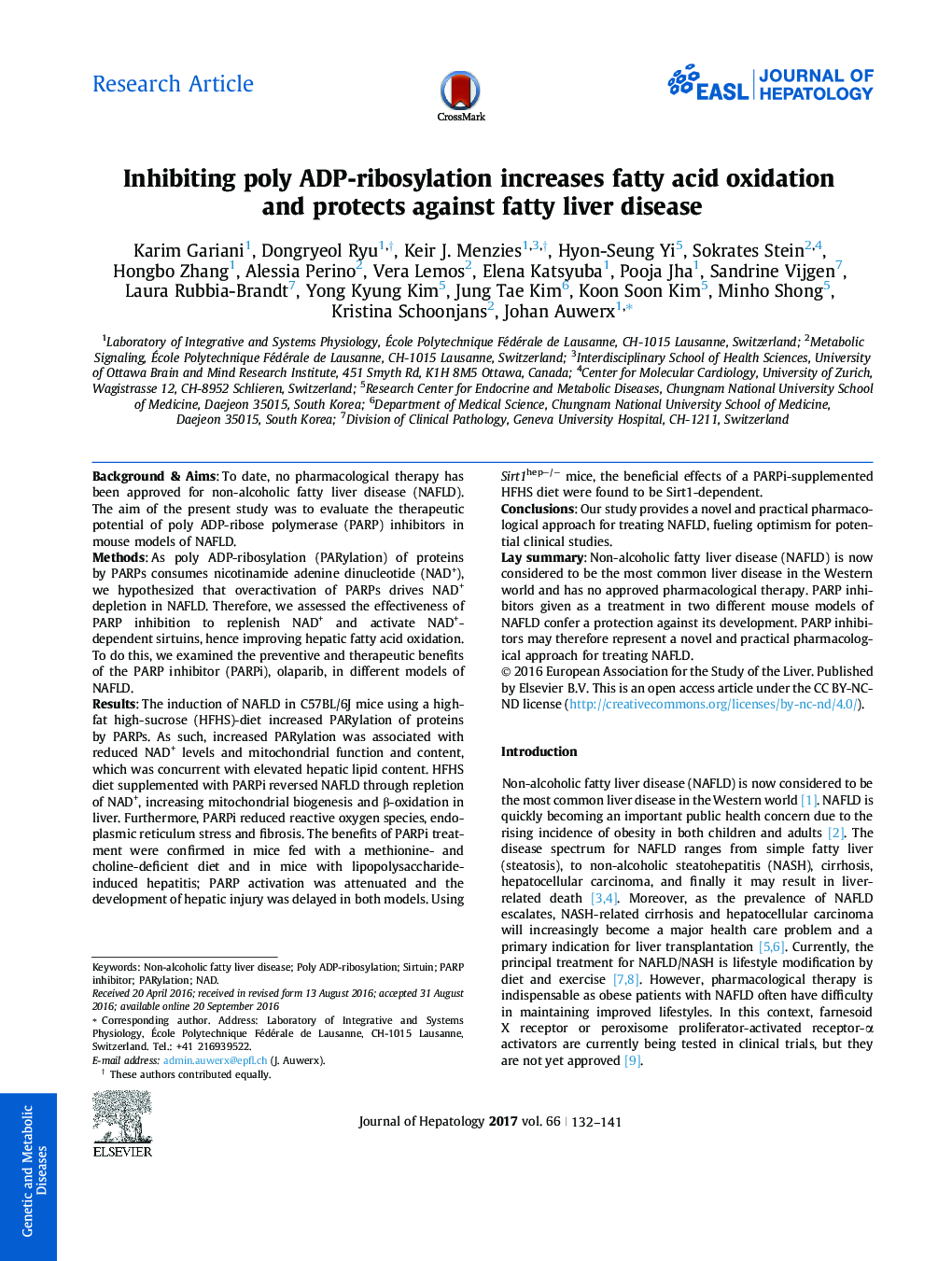 Inhibiting poly ADP-ribosylation increases fatty acid oxidation and protects against fatty liver disease