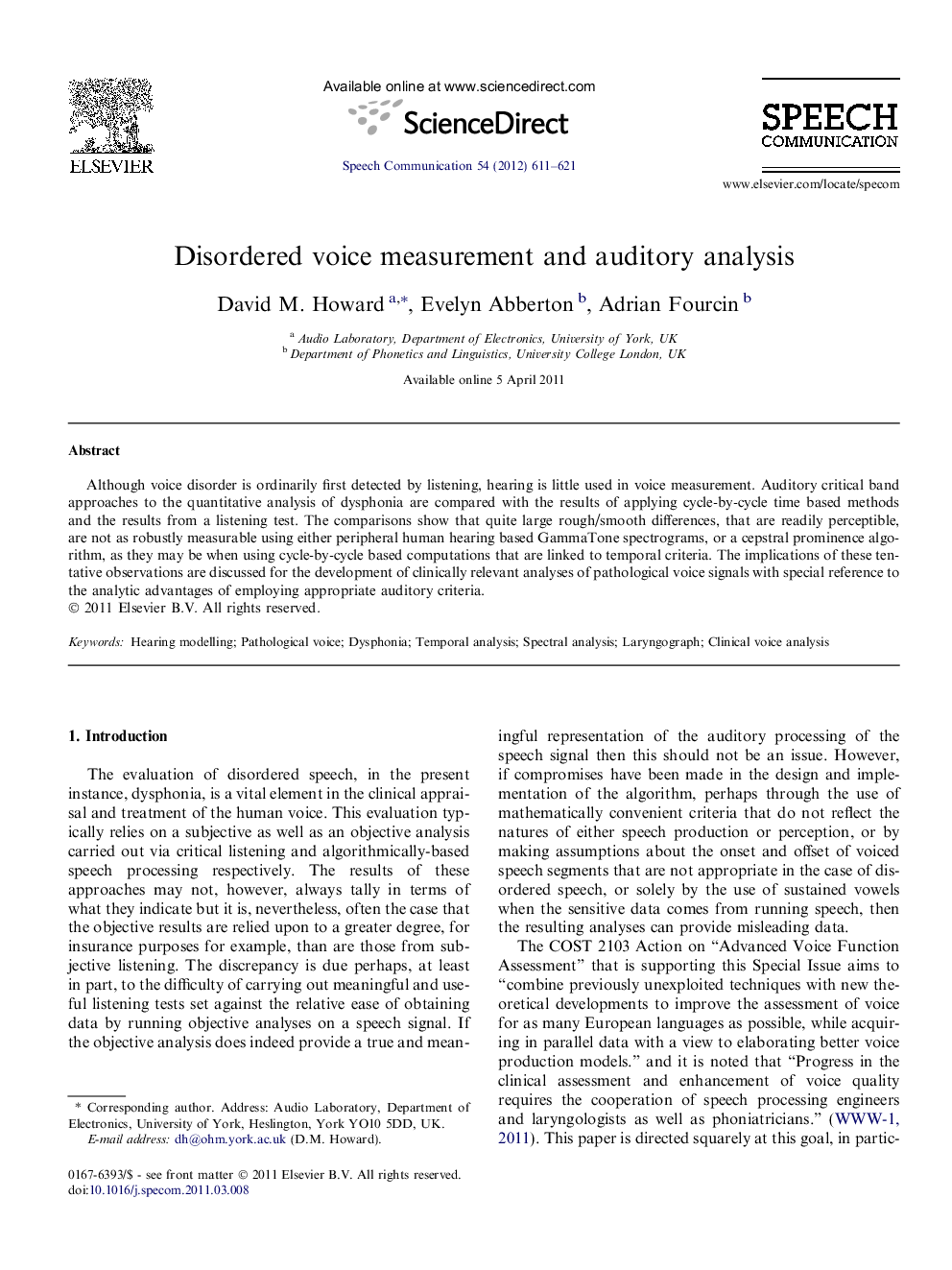 Disordered voice measurement and auditory analysis