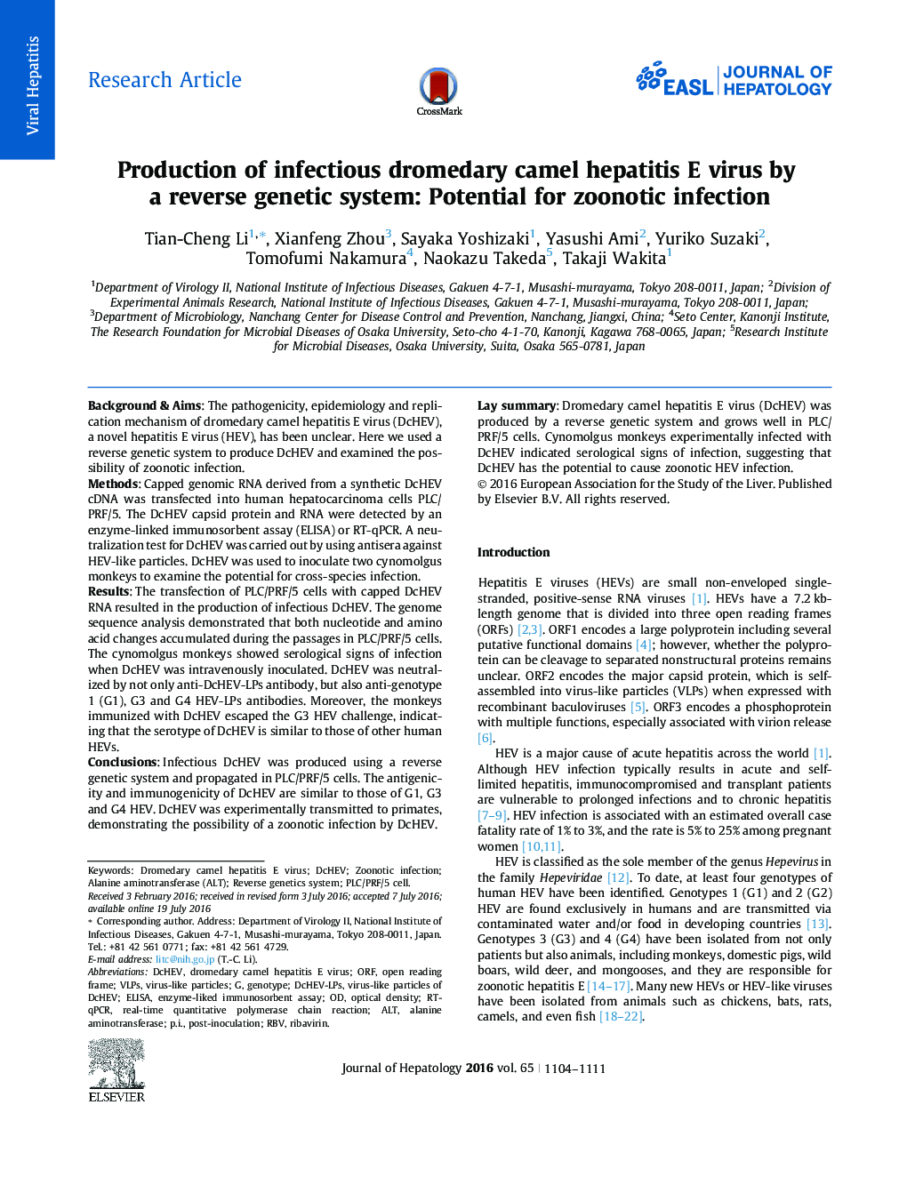 Production of infectious dromedary camel hepatitis E virus by a reverse genetic system: Potential for zoonotic infection