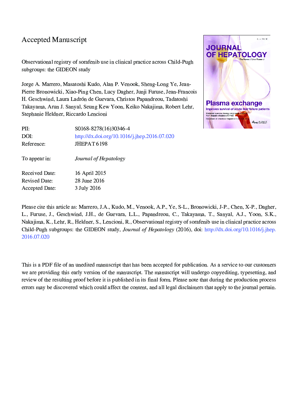 Observational registry of sorafenib use in clinical practice across Child-Pugh subgroups: The GIDEON study