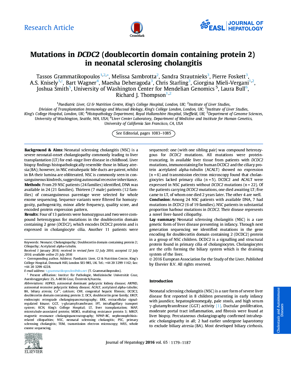 Mutations in DCDC2 (doublecortin domain containing protein 2) in neonatal sclerosing cholangitis