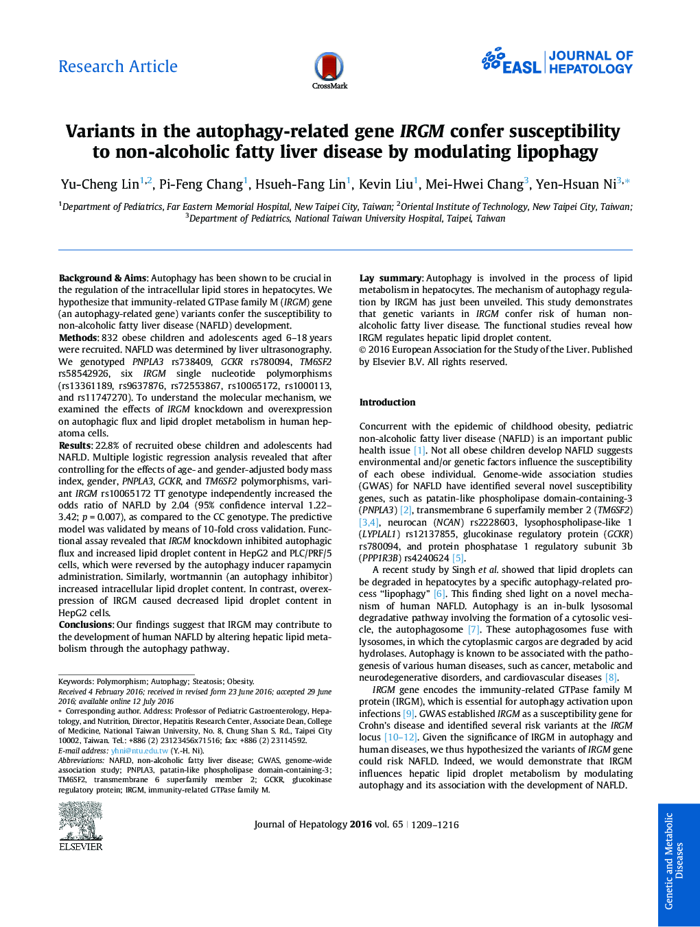 Variants in the autophagy-related gene IRGM confer susceptibility to non-alcoholic fatty liver disease by modulating lipophagy