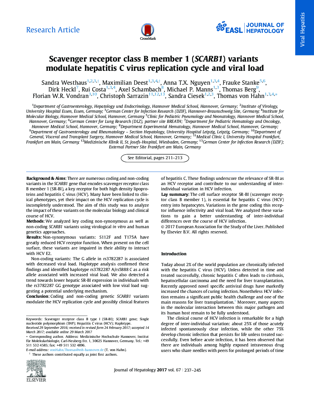 Scavenger receptor class B member 1 (SCARB1) variants modulate hepatitis C virus replication cycle and viral load