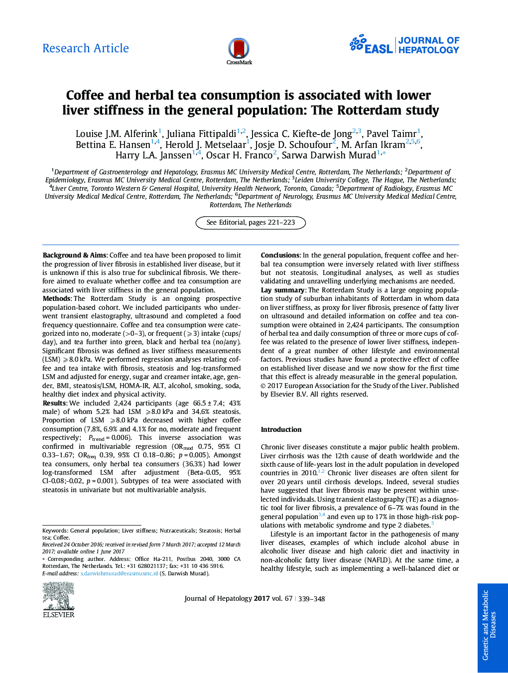 Coffee and herbal tea consumption is associated with lower liver stiffness in the general population: The Rotterdam study