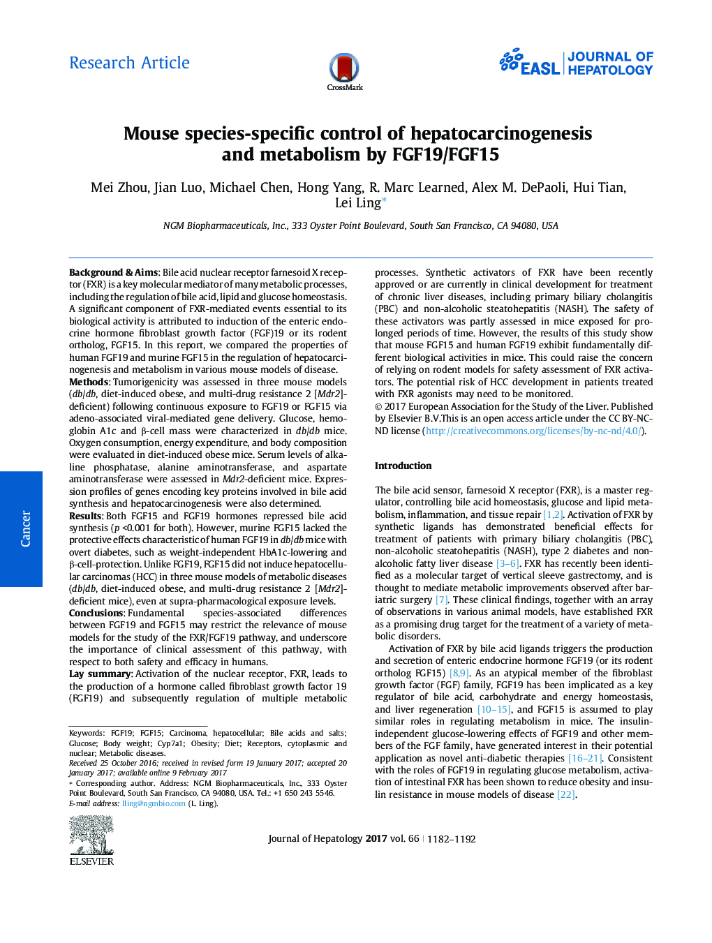 Mouse species-specific control of hepatocarcinogenesis and metabolism by FGF19/FGF15