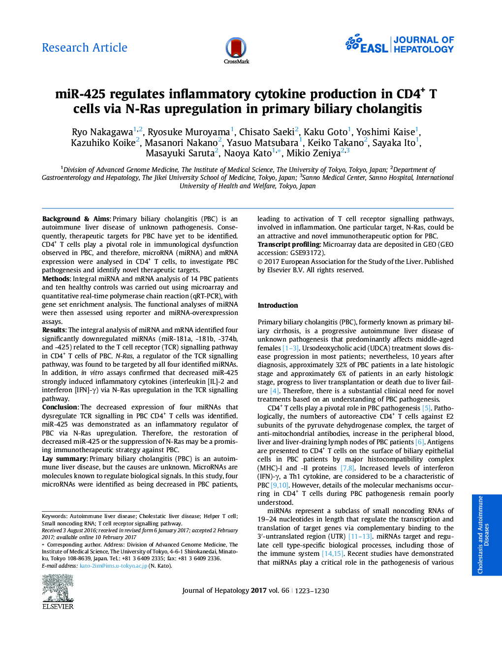 miR-425 regulates inflammatory cytokine production in CD4+ T cells via N-Ras upregulation in primary biliary cholangitis