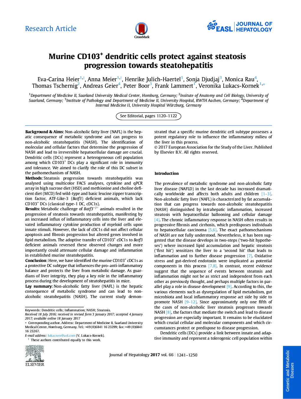 Murine CD103+ dendritic cells protect against steatosis progression towards steatohepatitis