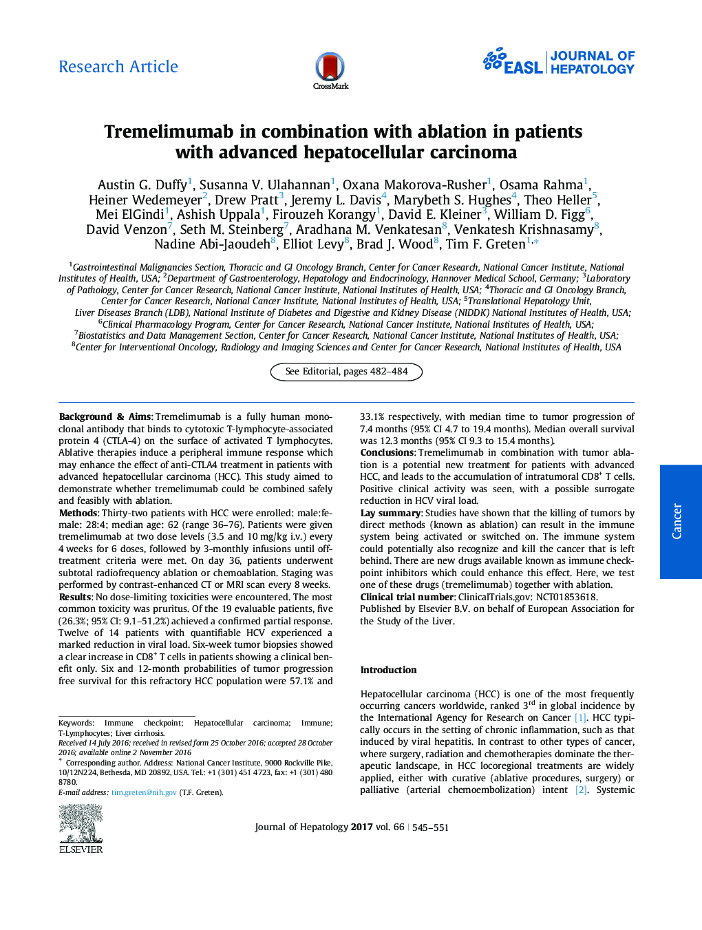 Tremelimumab in combination with ablation in patients with advanced hepatocellular carcinoma