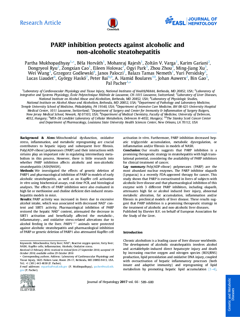 PARP inhibition protects against alcoholic and non-alcoholic steatohepatitis