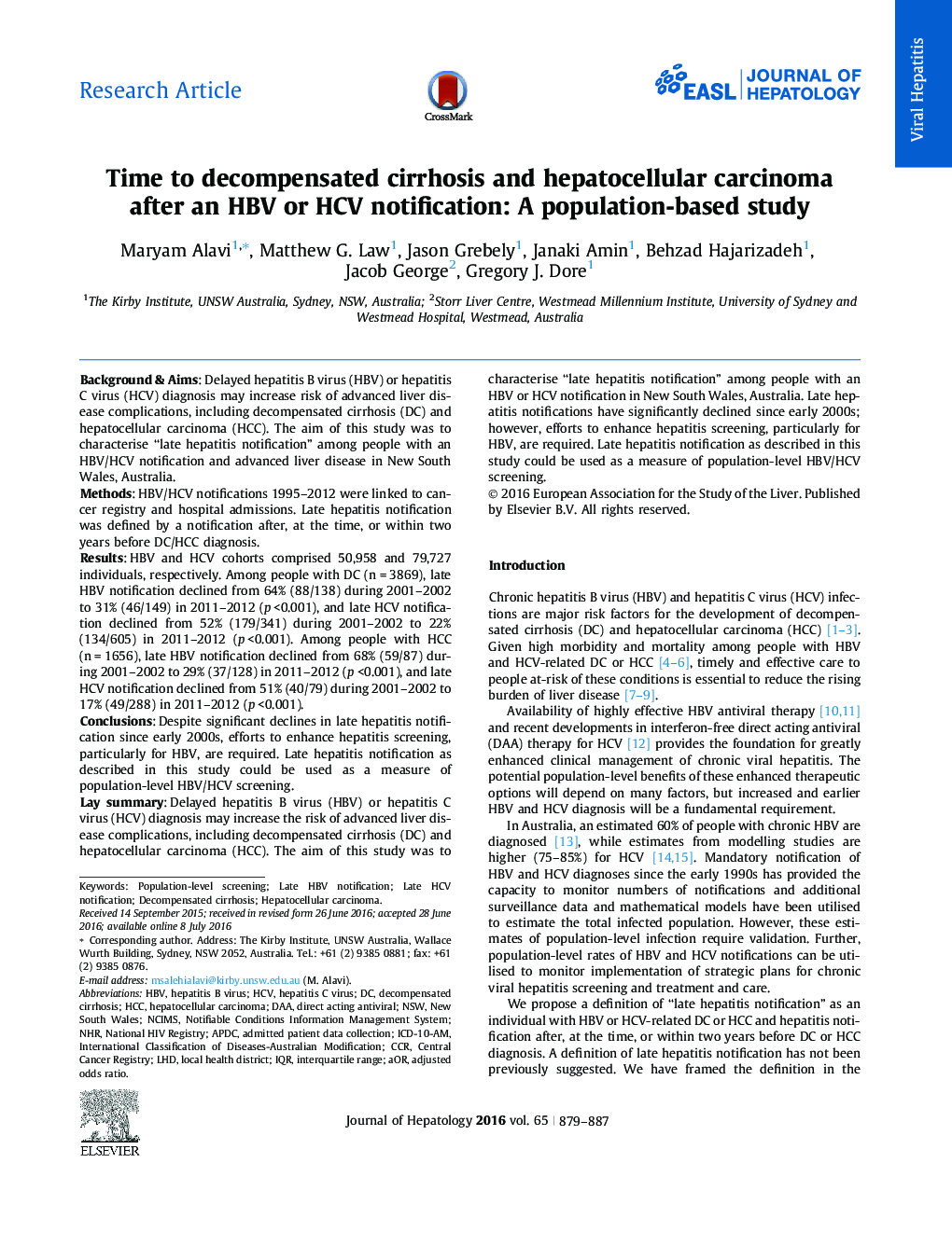 Time to decompensated cirrhosis and hepatocellular carcinoma after an HBV or HCV notification: A population-based study