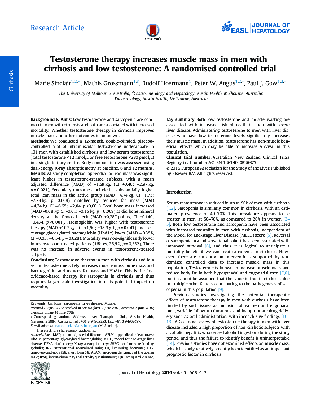 Testosterone therapy increases muscle mass in men with cirrhosis and low testosterone: A randomised controlled trial