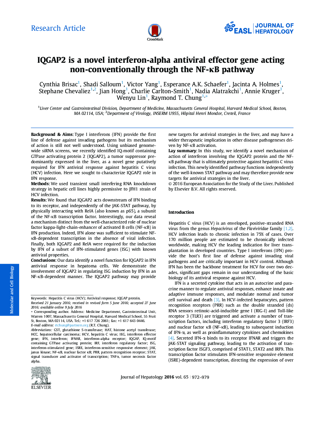 IQGAP2 is a novel interferon-alpha antiviral effector gene acting non-conventionally through the NF-ÎºB pathway