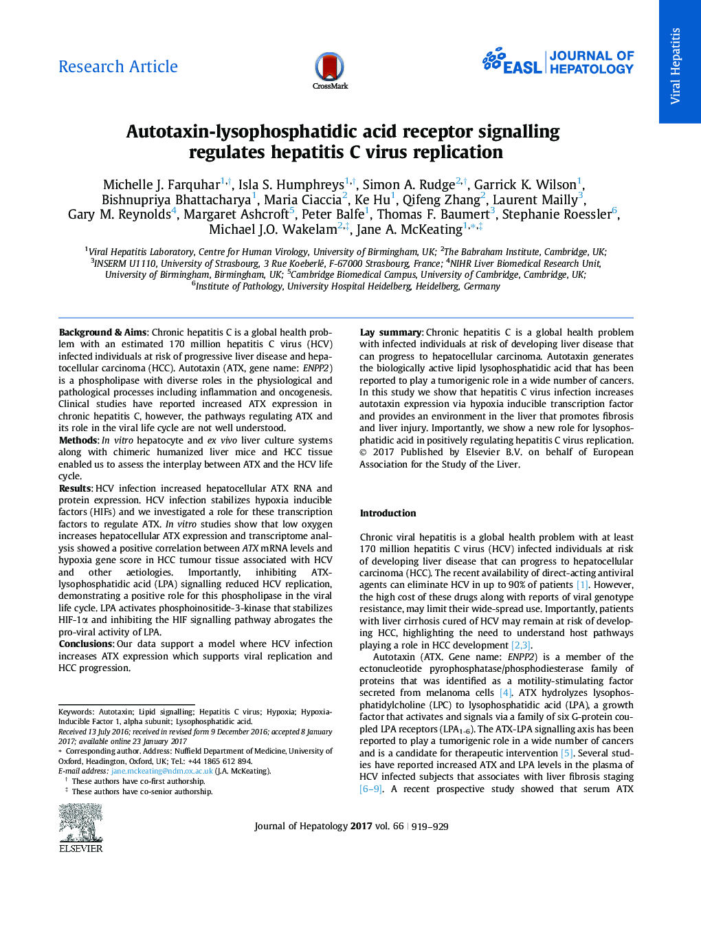 Autotaxin-lysophosphatidic acid receptor signalling regulates hepatitis C virus replication