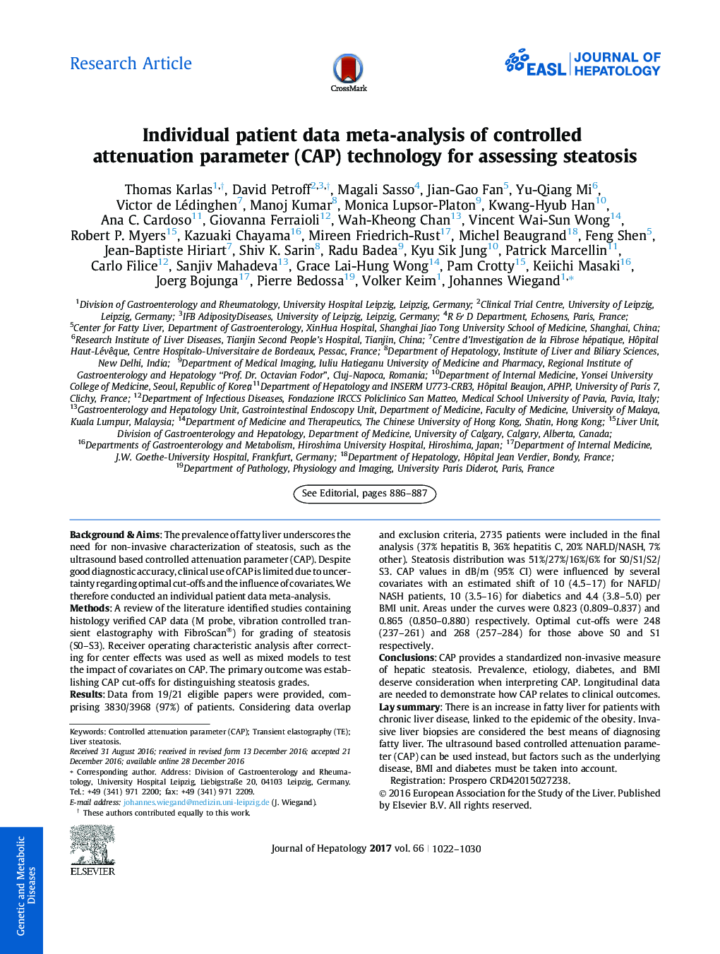 Individual patient data meta-analysis of controlled attenuation parameter (CAP) technology for assessing steatosis