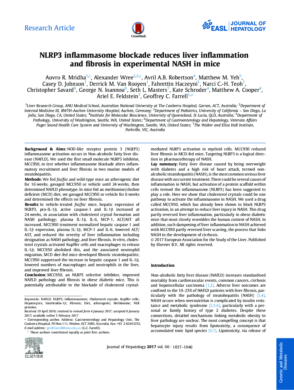 NLRP3 inflammasome blockade reduces liver inflammation and fibrosis in experimental NASH in mice