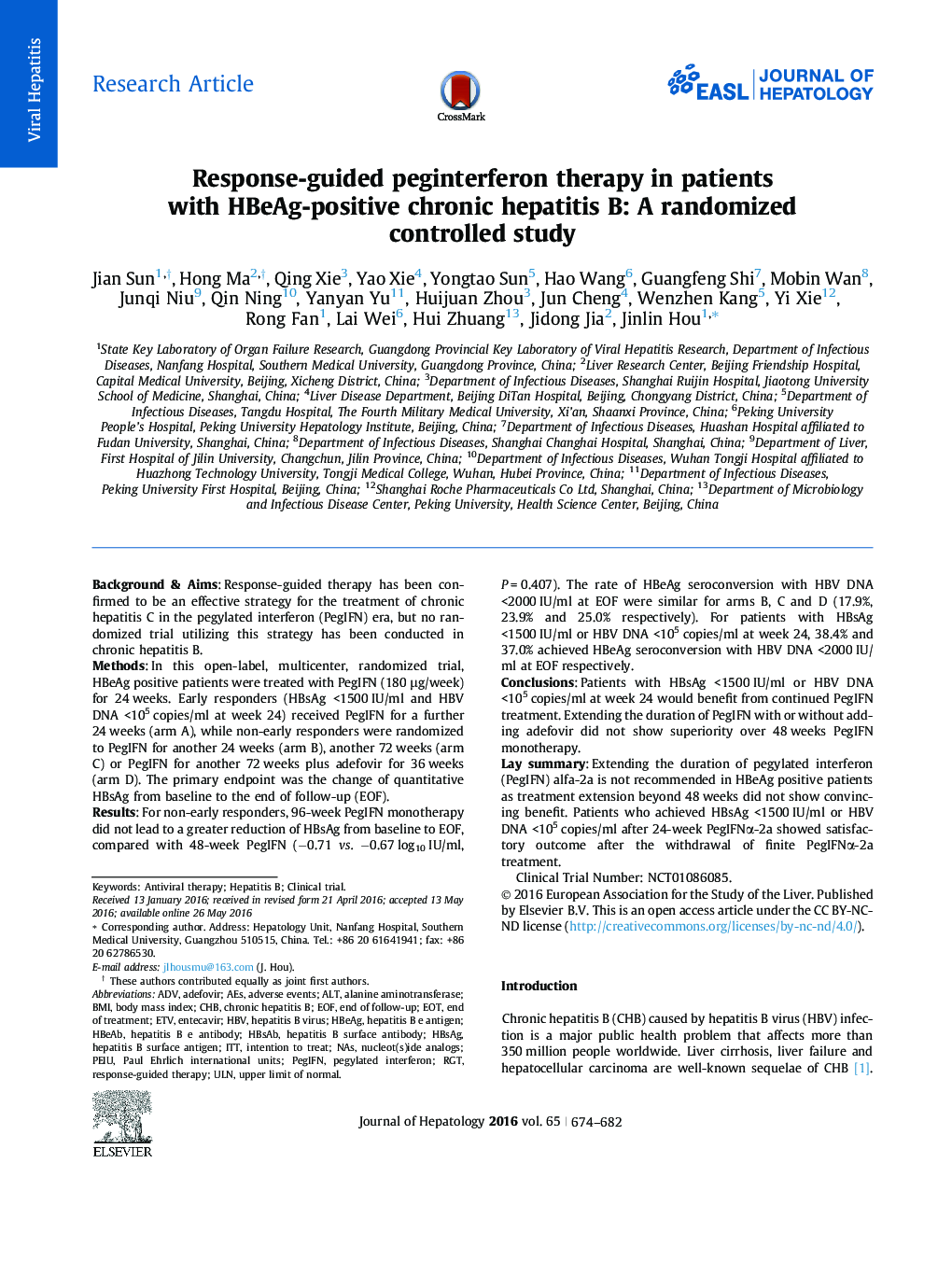 Response-guided peginterferon therapy in patients with HBeAg-positive chronic hepatitis B: A randomized controlled study
