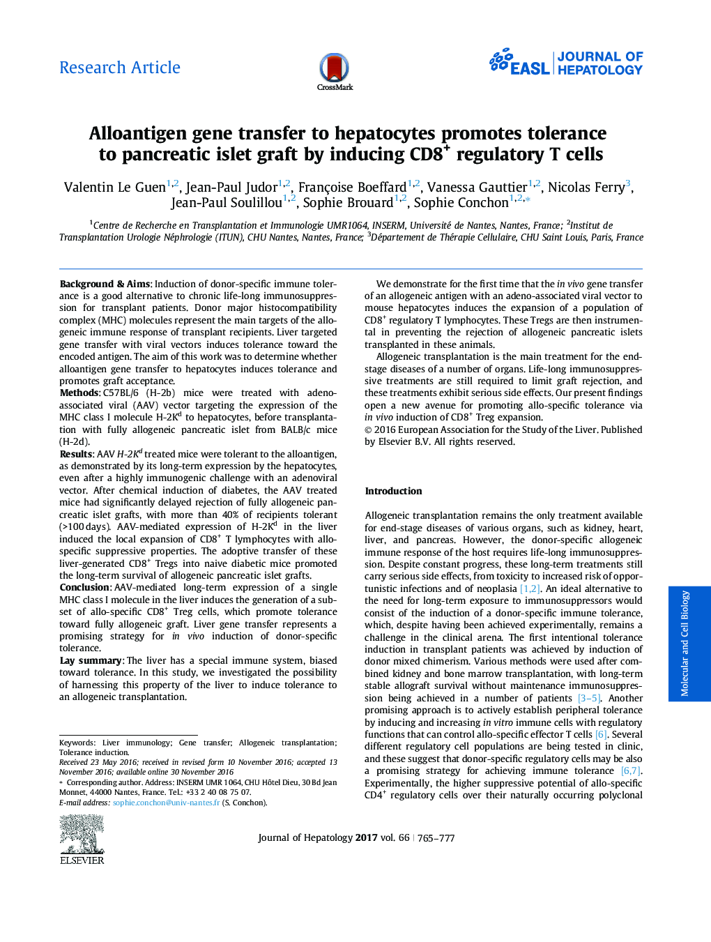 Alloantigen gene transfer to hepatocytes promotes tolerance to pancreatic islet graft by inducing CD8+ regulatory T cells