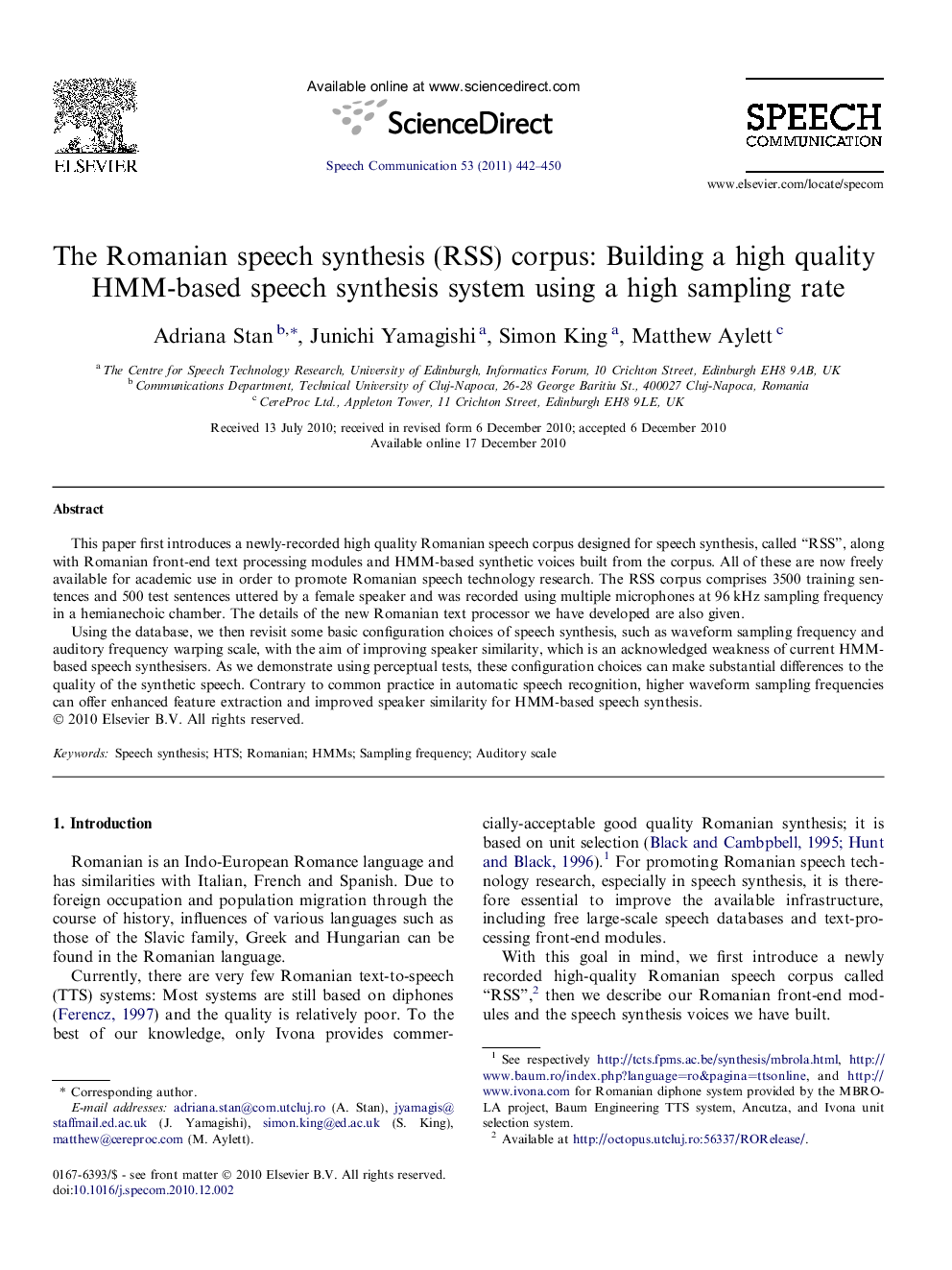 The Romanian speech synthesis (RSS) corpus: Building a high quality HMM-based speech synthesis system using a high sampling rate