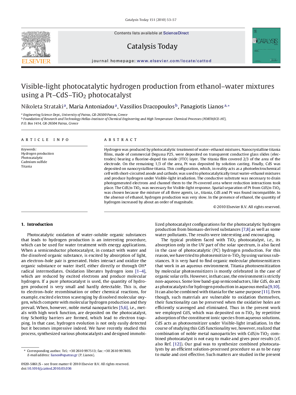 Visible-light photocatalytic hydrogen production from ethanol–water mixtures using a Pt–CdS–TiO2 photocatalyst